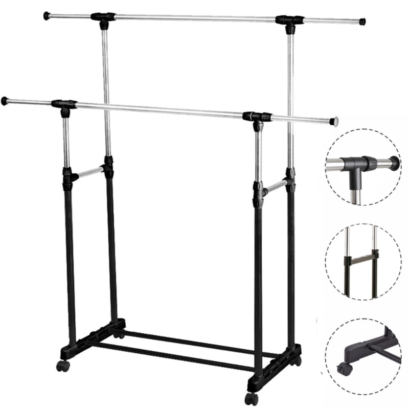 Wieszak na ubrania podwójny teleskopowy z kółkami + półka na buty