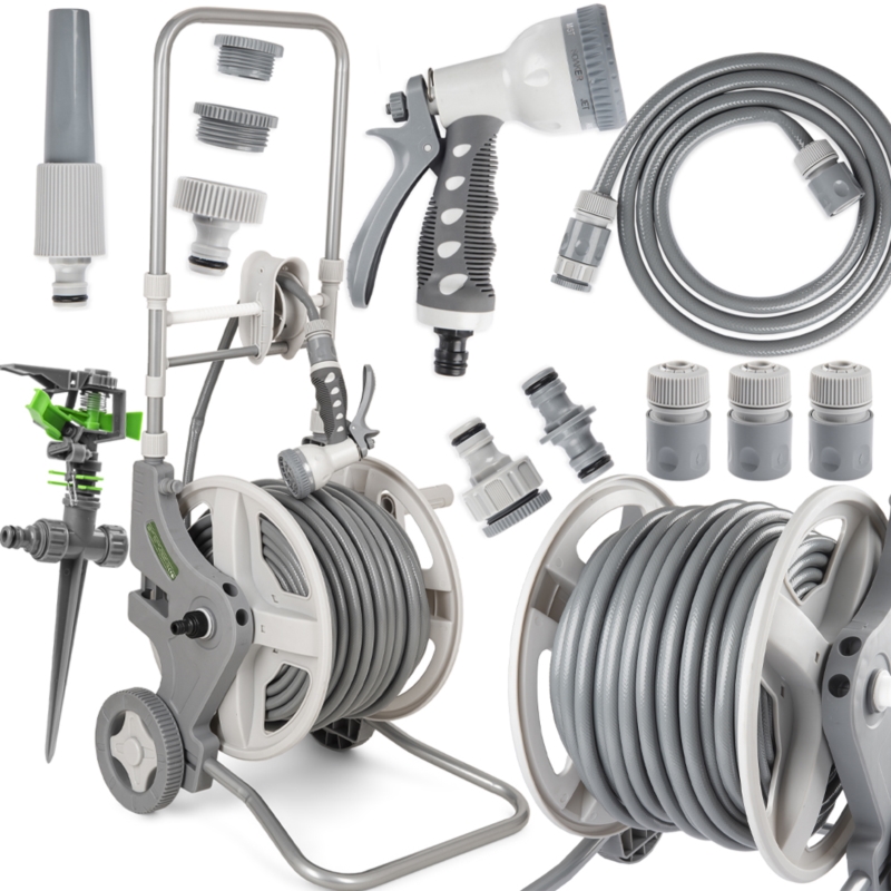 Wózek ogrodowy + Wąż ogrodowy 50m 1/2" + Pistolet do podlewania + Zraszacz ręczny + Zraszacz wbijany + Złączki i adaptery
