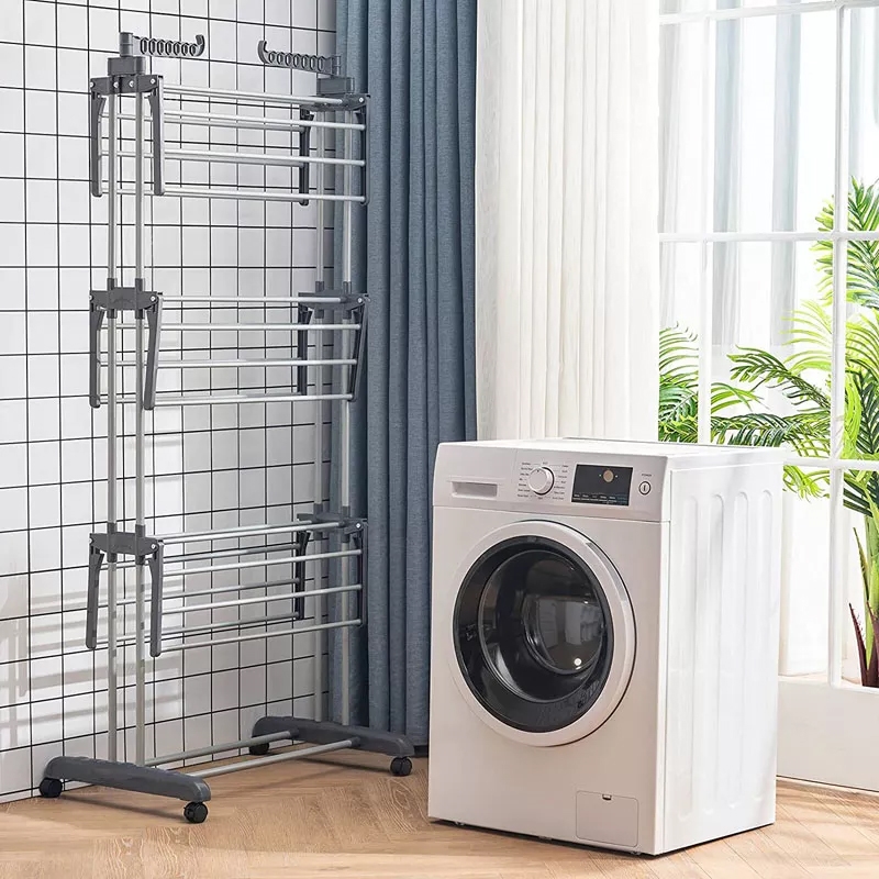 Suszarka na pranie 3-poziomowa na kółkach składana Szara