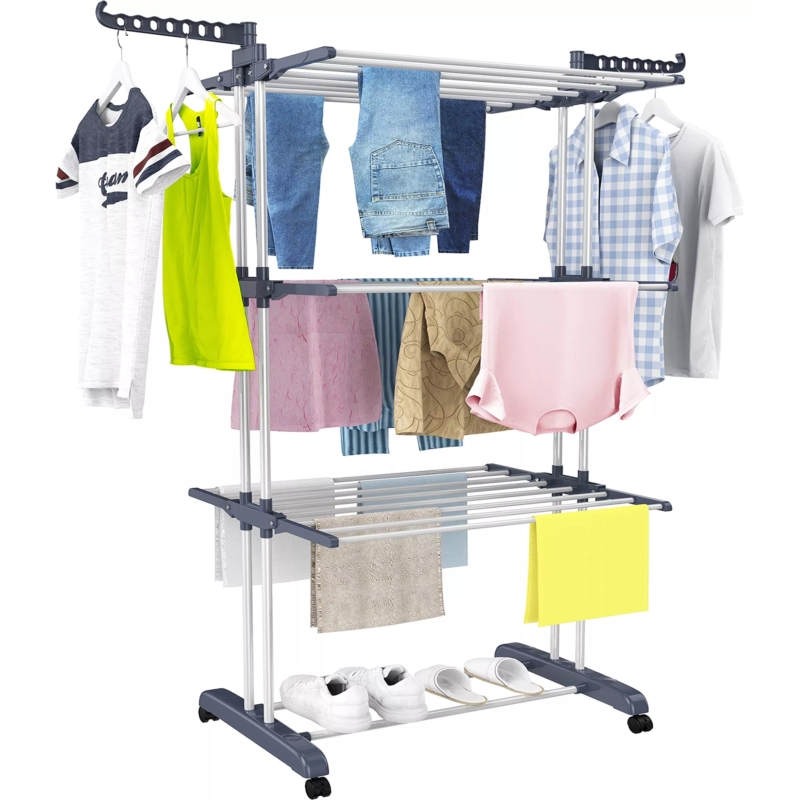 Suszarka na pranie 3-poziomowa na kółkach składana Szara