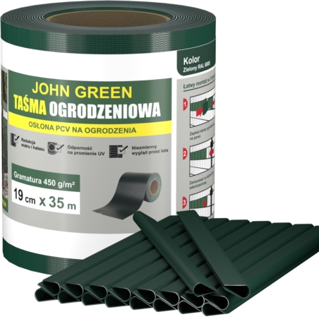 Taśma ogrodzeniowa do paneli ogrodzeniowych 19cm x 35m 450g/m2 Ciemny Zielony + 20 Klipsów