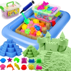 Piasek kinetyczny 2kg Zielony z pompowaną piaskownicą + Foremki i Pompka