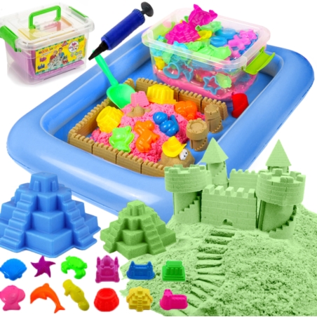 Piasek kinetyczny 2kg Zielony z pompowaną piaskownicą + Foremki i Pompka