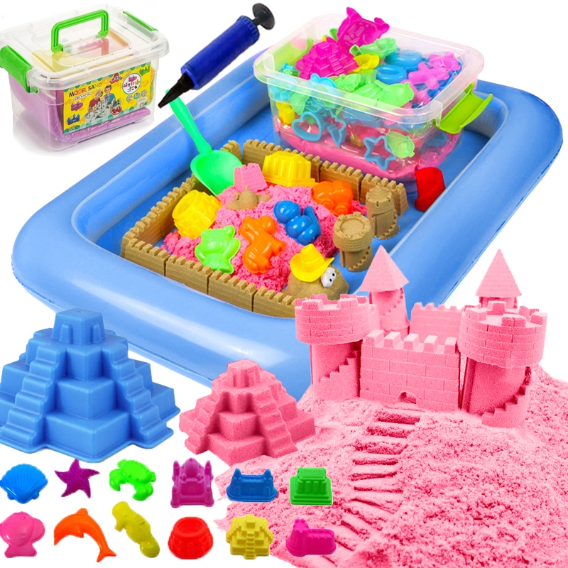 Piasek kinetyczny 2kg Różowy z pompowaną piaskownicą + Foremki i Pompka