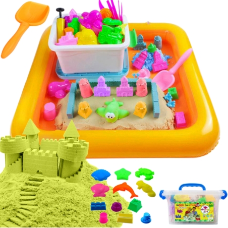 Piasek kinetyczny 3kg Żółty z pompowaną piaskownicą + Foremki i Pompka