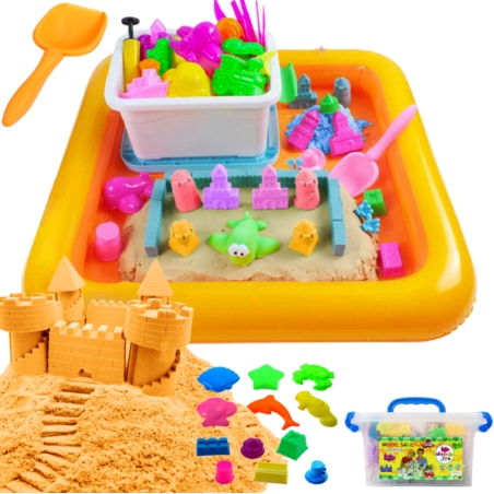 Piasek kinetyczny 3kg Pomarańczowy z pompowaną piaskownicą + Foremki i Pompka