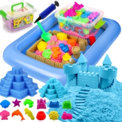 Piasek kinetyczny 2kg Niebieski z pompowaną piaskownicą + Foremki i Pompka