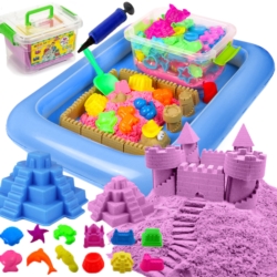 Piasek kinetyczny 2kg Fioletowy z pompowaną piaskownicą + Foremki i Pompka