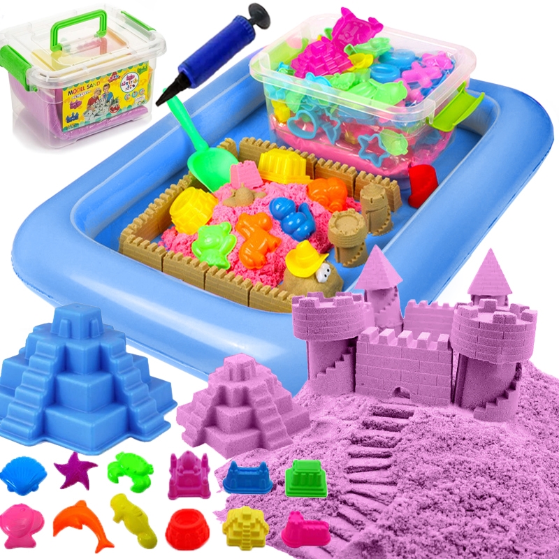 Piasek kinetyczny 2kg Fioletowy z pompowaną piaskownicą + Foremki i Pompka