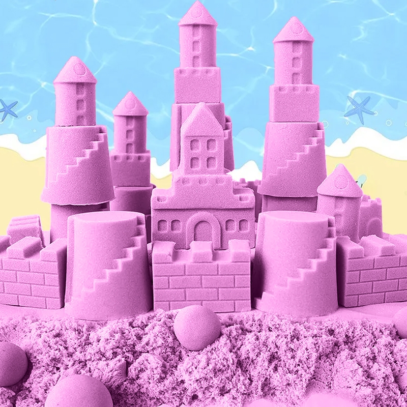 Piasek kinetyczny 2kg Fioletowy z pompowaną piaskownicą + Foremki i Pompka