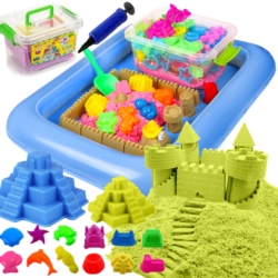 Piasek kinetyczny 2kg Żółty z pompowaną piaskownicą + Foremki i Pompka