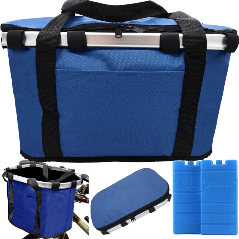 Koszyk piknikowy termiczny składany rowerowy Niebieski + Wkłady 400ml 2sztuki