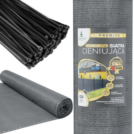 Siatka cieniująca na ogrodzenie masująca 95% 1,5x25m Szary + Opaski