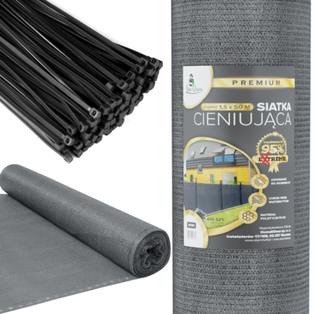 Siatka cieniująca na ogrodzenie masująca 95% 1,5x50m Szary + Opaski