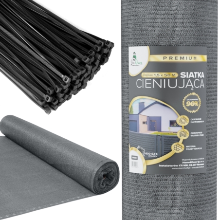 Siatka cieniująca na ogrodzenie masująca 90% 1,5x50m Szary + Opaski