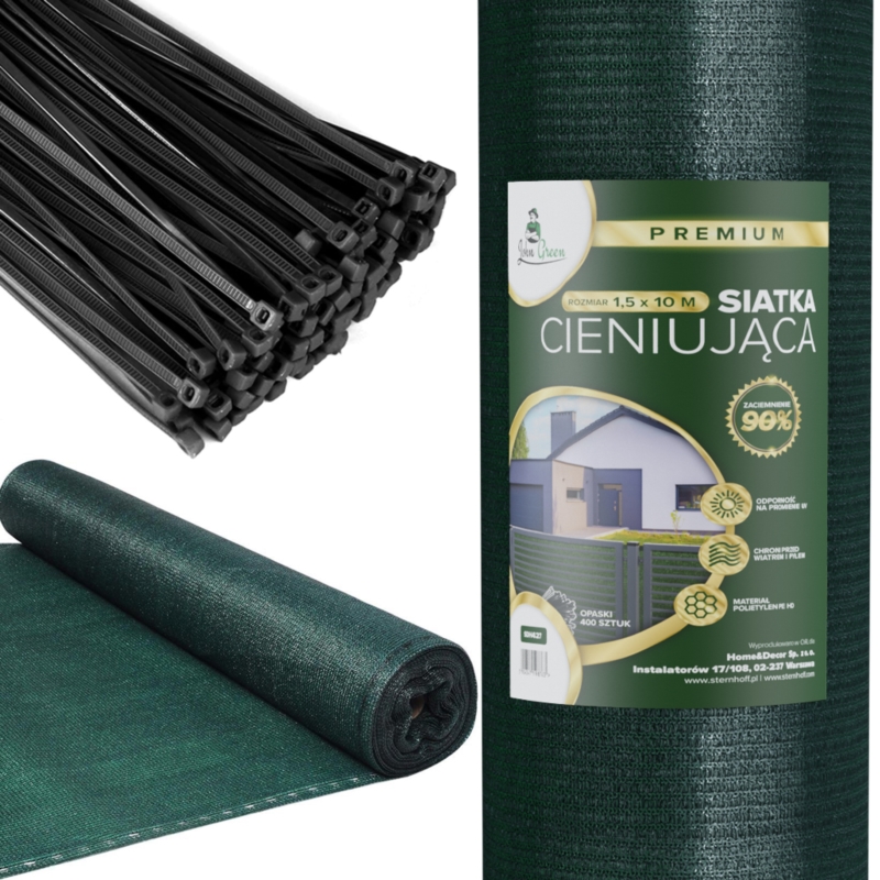 Siatka cieniująca na ogrodzenie masująca 90% 1,5x10m Ciemny Zielony + Opaski