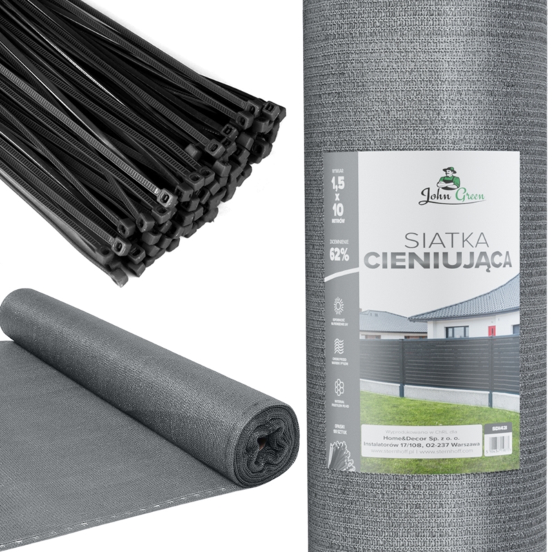 Siatka cieniująca na ogrodzenie masująca 62% 1,5x10m Szary + Opaski