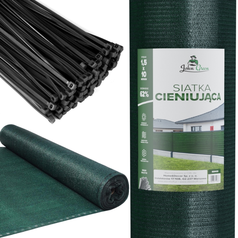 Siatka cieniująca na ogrodzenie masująca 62% 1,5x10m Ciemny Zielony + Opaski
