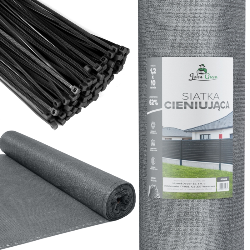 Siatka cieniująca na ogrodzenie masująca 62% 1,2x10m Szary + Opaski