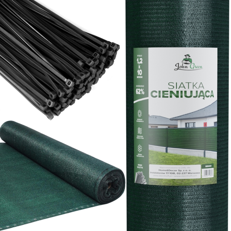 Siatka cieniująca na ogrodzenie masująca 62% 1,2x10m Ciemny Zielony + Opaski
