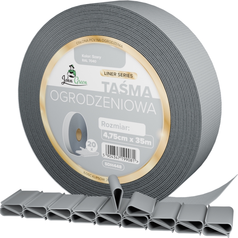 Taśma ogrodzeniowa do paneli ogrodzeniowych 4,75cm x 35m 450g/m2 Szary + 20 Klipsów