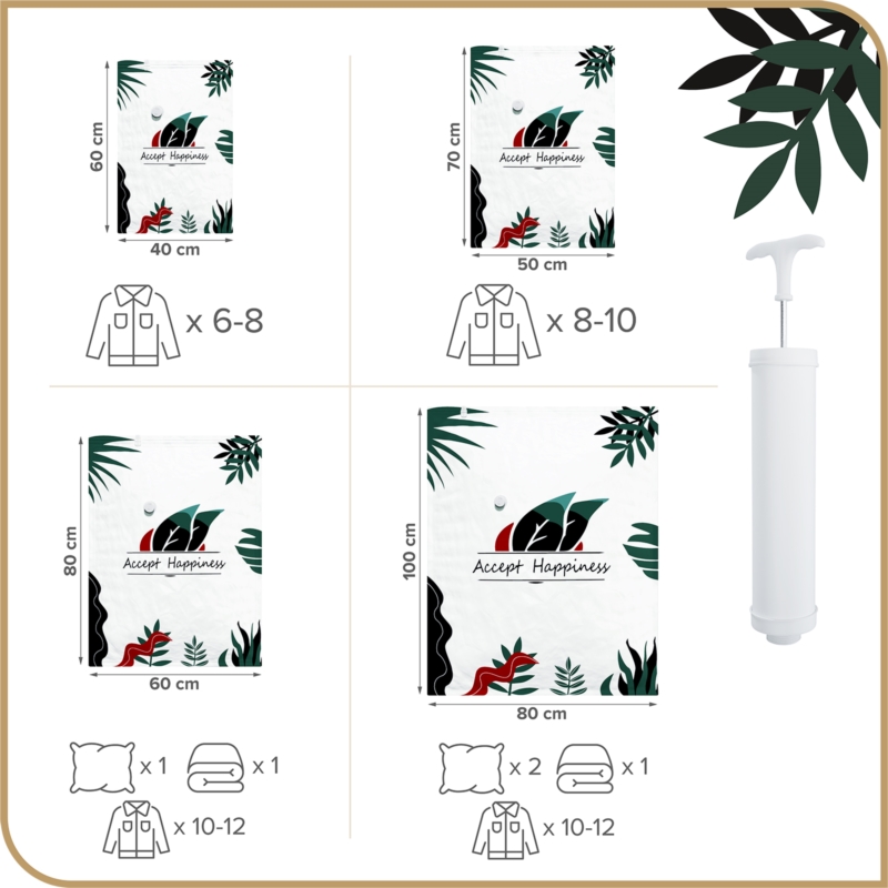 Worki próżniowe na ubrania i tekstylia 40x60cm, 50x70cm, 60x80cm, 80x100cm 10 sztuk + Pompka