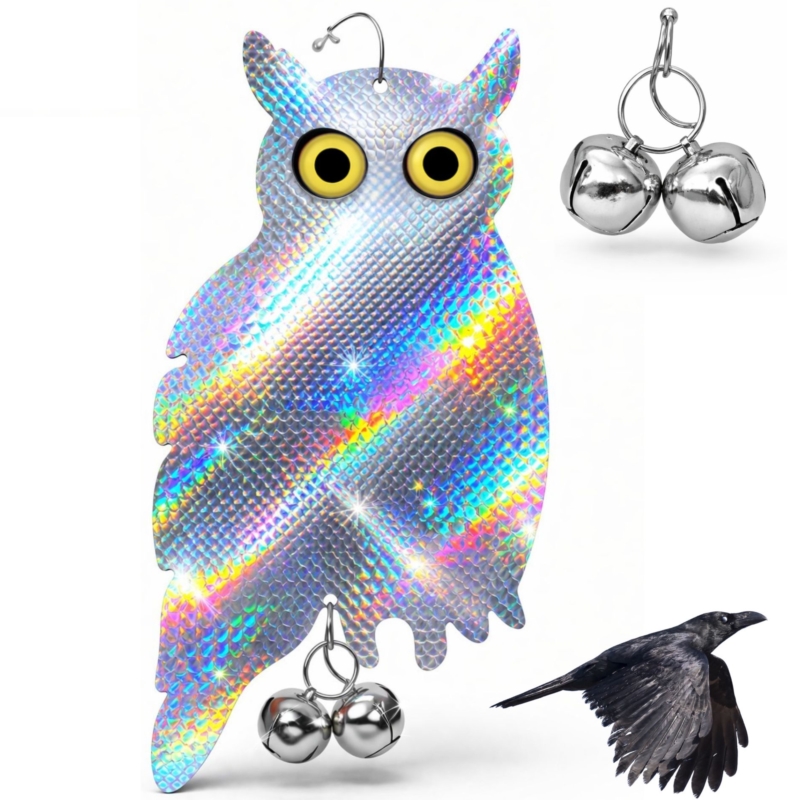 Zawieszana Sowa stojąca z efektem hologramu odstraszacz gołębi, ptaków + Dzwonek