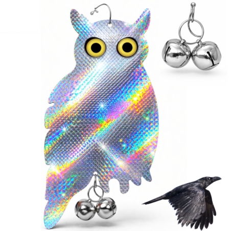 Zawieszana Sowa stojąca z efektem hologramu odstraszacz gołębi, ptaków + Dzwonek