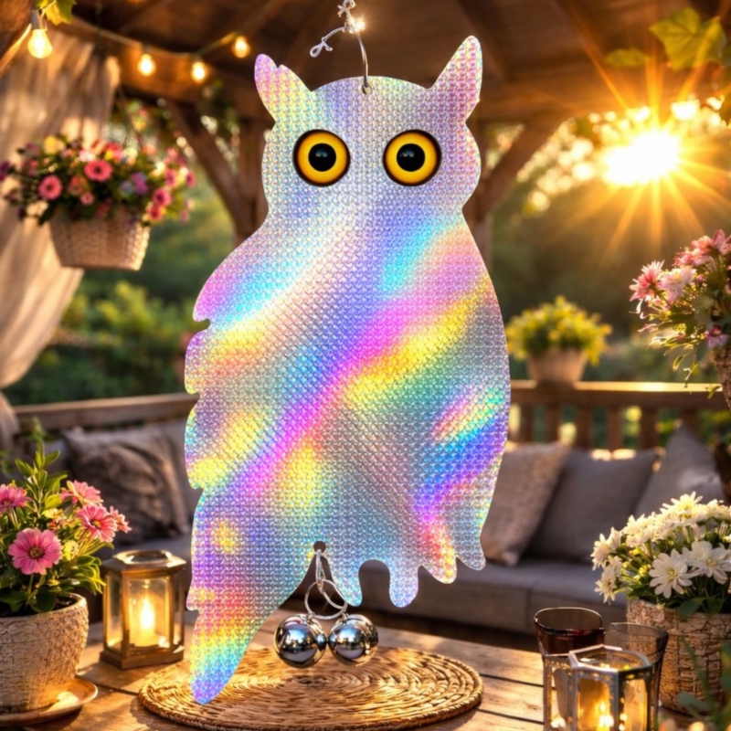 Zawieszana Sowa stojąca z efektem hologramu odstraszacz gołębi, ptaków + Dzwonek