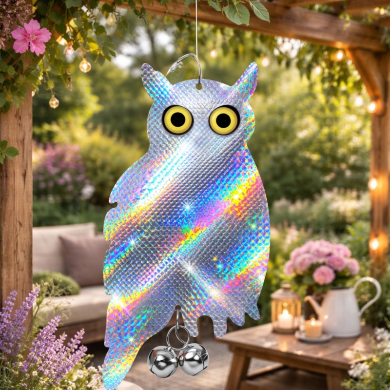 Zawieszana Sowa stojąca z efektem hologramu odstraszacz gołębi, ptaków + Dzwonek