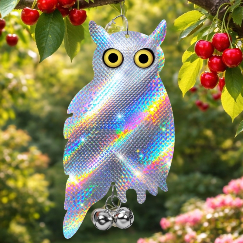 Zawieszana Sowa stojąca z efektem hologramu odstraszacz gołębi, ptaków + Dzwonek