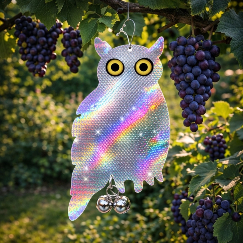 Zawieszana Sowa stojąca z efektem hologramu odstraszacz gołębi, ptaków + Dzwonek