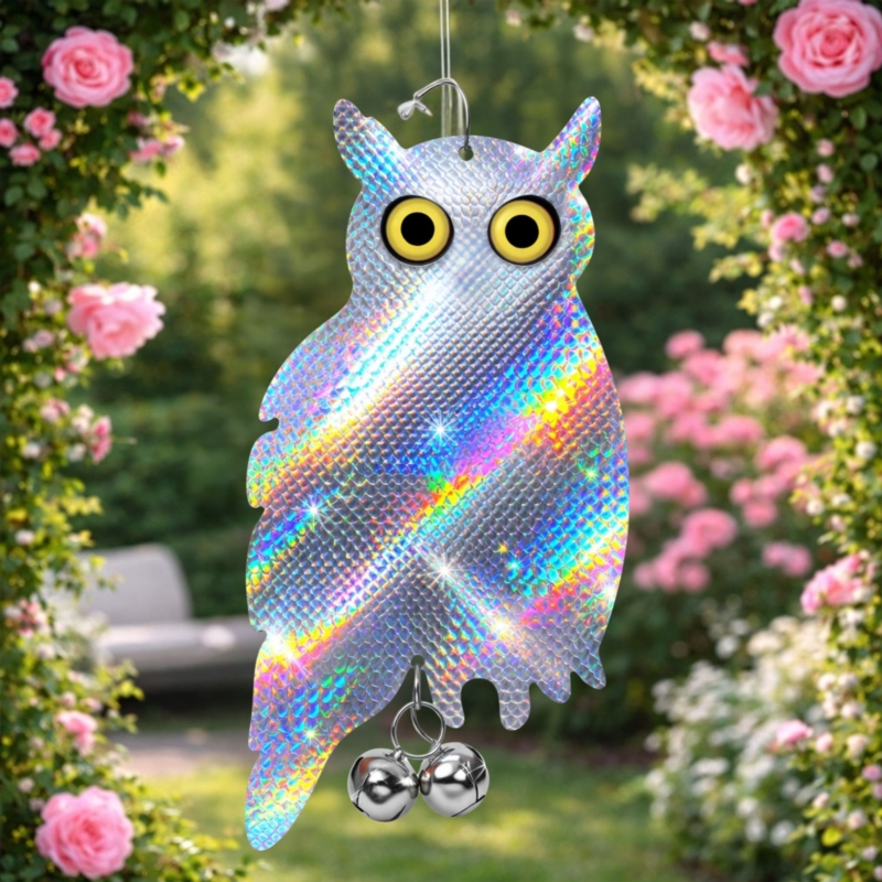 Zawieszana Sowa stojąca z efektem hologramu odstraszacz gołębi, ptaków + Dzwonek