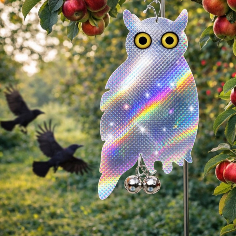 Zawieszana Sowa stojąca z efektem hologramu odstraszacz gołębi, ptaków + Dzwonek