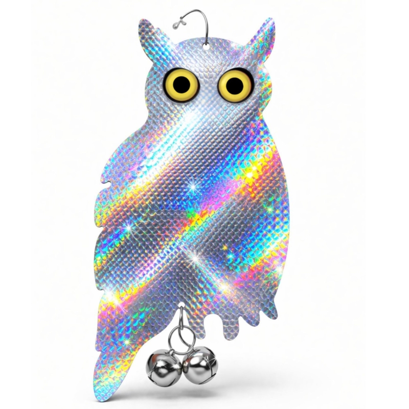 Zawieszana Sowa stojąca z efektem hologramu odstraszacz gołębi, ptaków + Dzwonek