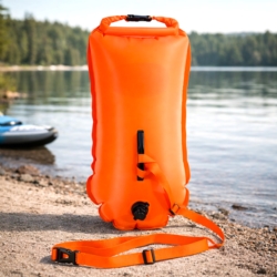 Bojka asekuracyjna do pływania, dmuchana z suchą kieszenią 2w1