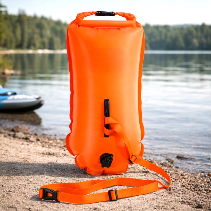 Bojka asekuracyjna do pływania, dmuchana z suchą kieszenią 2w1