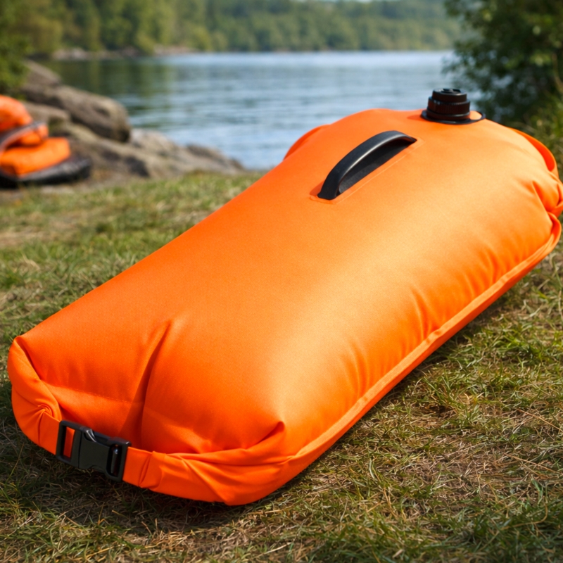 Bojka asekuracyjna do pływania, dmuchana z suchą kieszenią 2w1