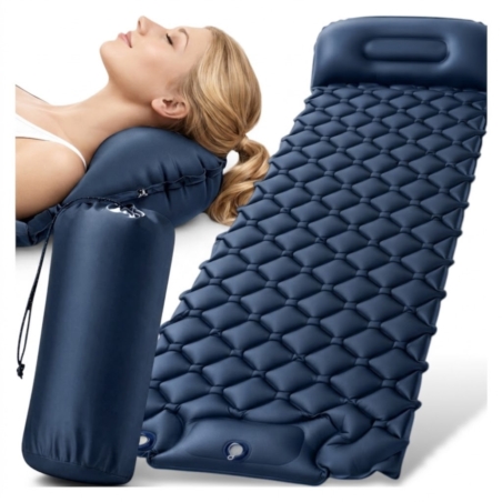 Materac turystyczny jednoosobowy dmuchany z wbudowaną pompką 60x190cm Granatowy