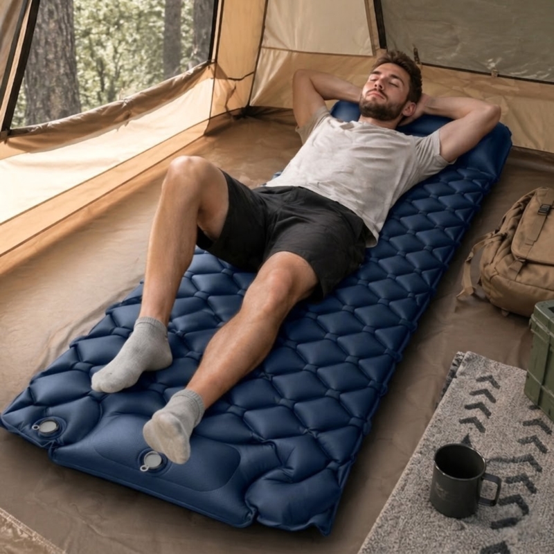 Materac turystyczny jednoosobowy dmuchany z wbudowaną pompką 60x190cm Granatowy