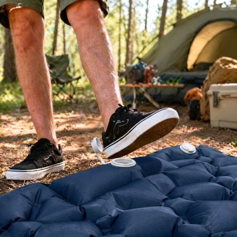 Materac turystyczny jednoosobowy dmuchany z wbudowaną pompką 60x190cm Granatowy