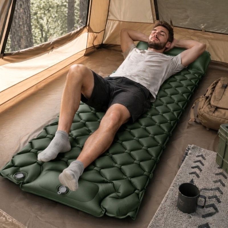 Materac turystyczny jednoosobowy dmuchany z wbudowaną pompką 60x190cm Ciemny Zielony