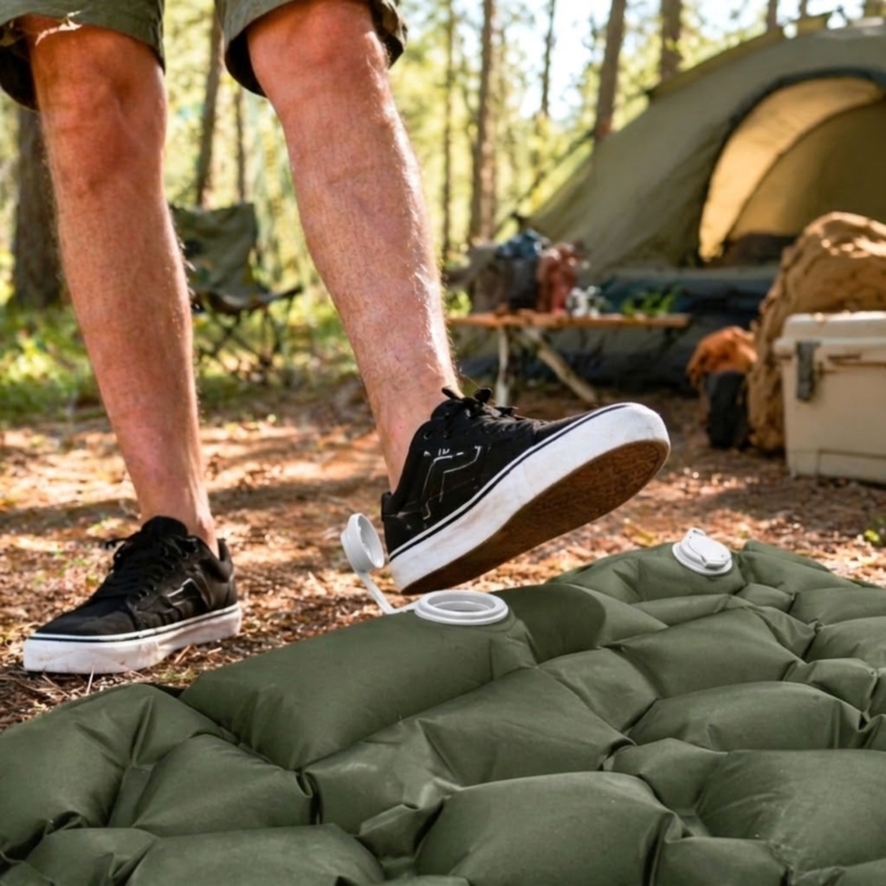 Materac turystyczny jednoosobowy dmuchany z wbudowaną pompką 60x190cm Ciemny Zielony