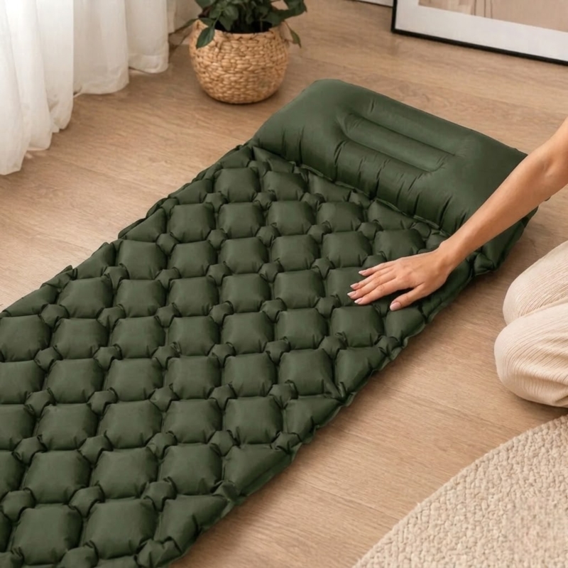 Materac turystyczny jednoosobowy dmuchany z wbudowaną pompką 60x190cm Ciemny Zielony