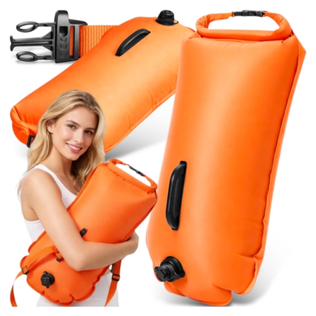 Bojka asekuracyjna do pływania, dmuchana z suchą kieszenią 2w1