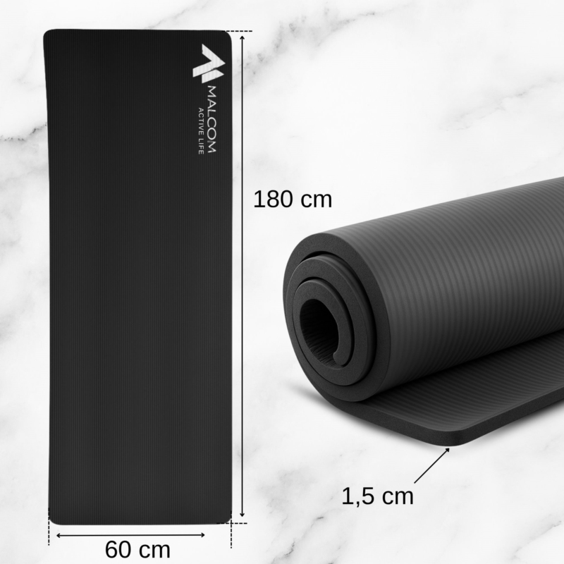 Mata antypoślizgowa do ćwiczeń, fitness lub jogi NBR Czarna 183x61x1,5cm