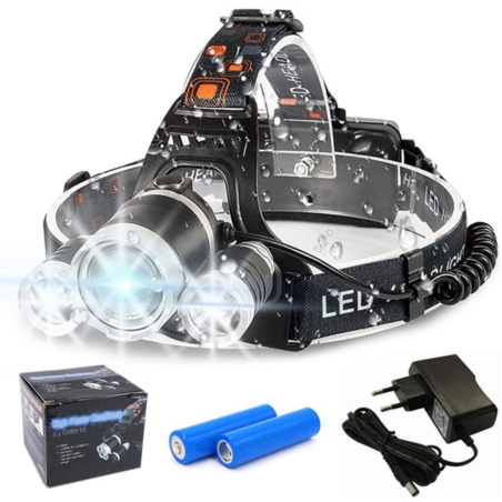 Latarka czołowa 3x LED akumulatorowa z czerwonym światłem z tyłu