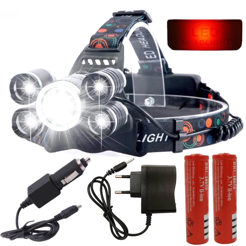 Latarka czołowa 5x LED akumulatorowa z czerwonym światłem z tyłu