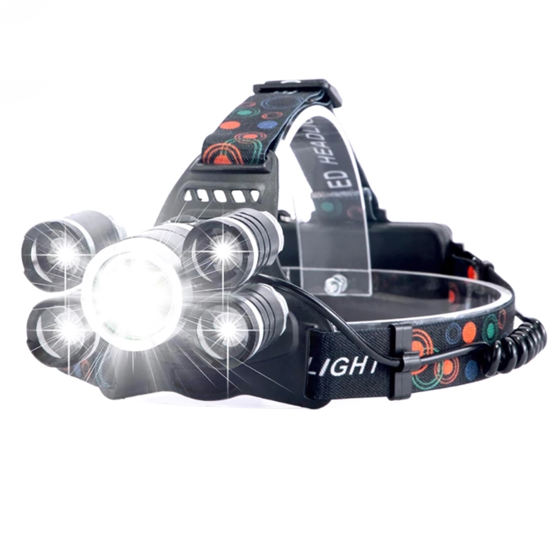 Latarka czołowa 5x LED akumulatorowa z czerwonym światłem z tyłu