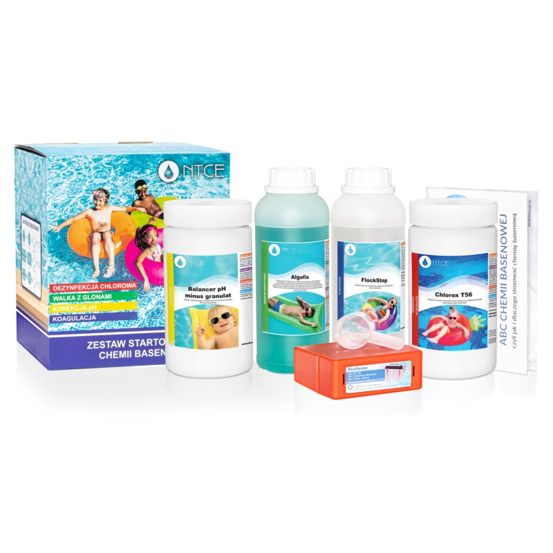 Zestaw chemii do basenu, Chlor, Algi, Korekcja pH, FlockStop + Tester